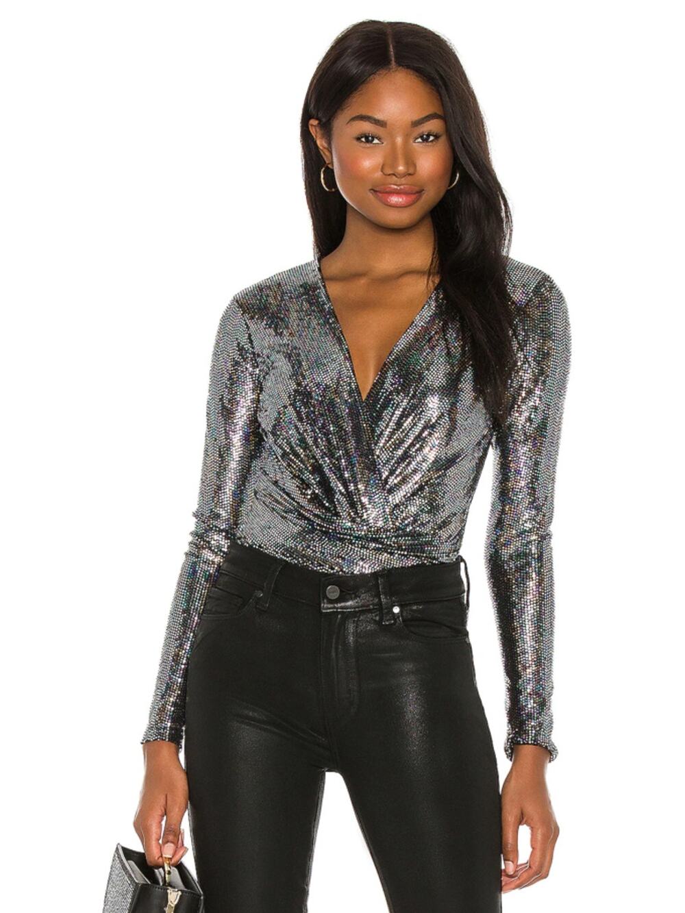 ASTR Metallic Sparkle Bodysuit L86721 Tinsley WMNS S Black Sequin Long Sleeve